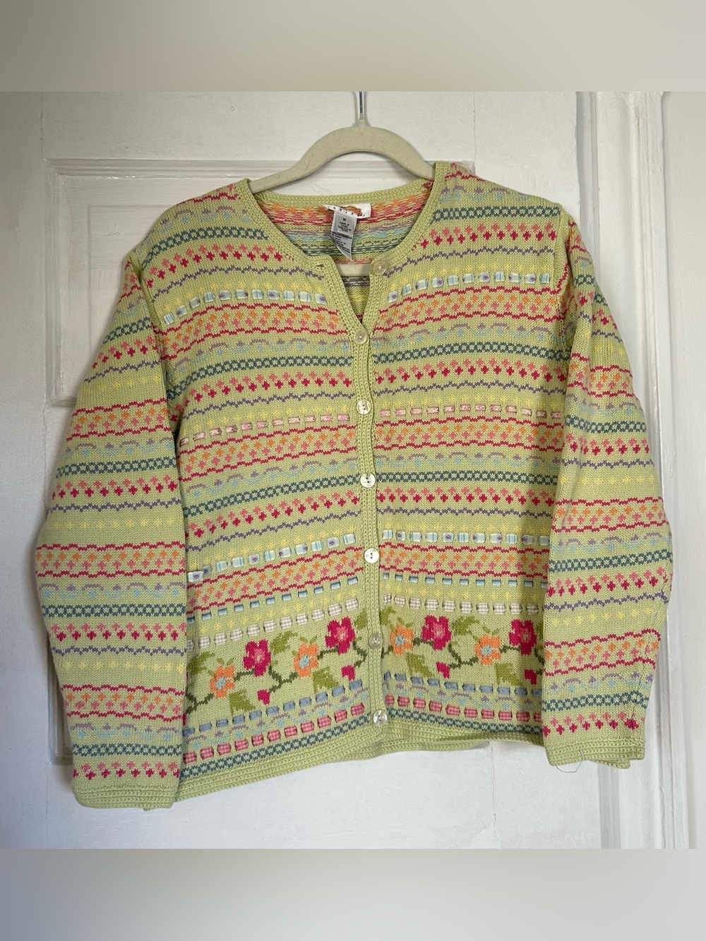 Talbots Petites Medium Fair Isle Floral Multi-Color Pastel Spring Green Cardigan
